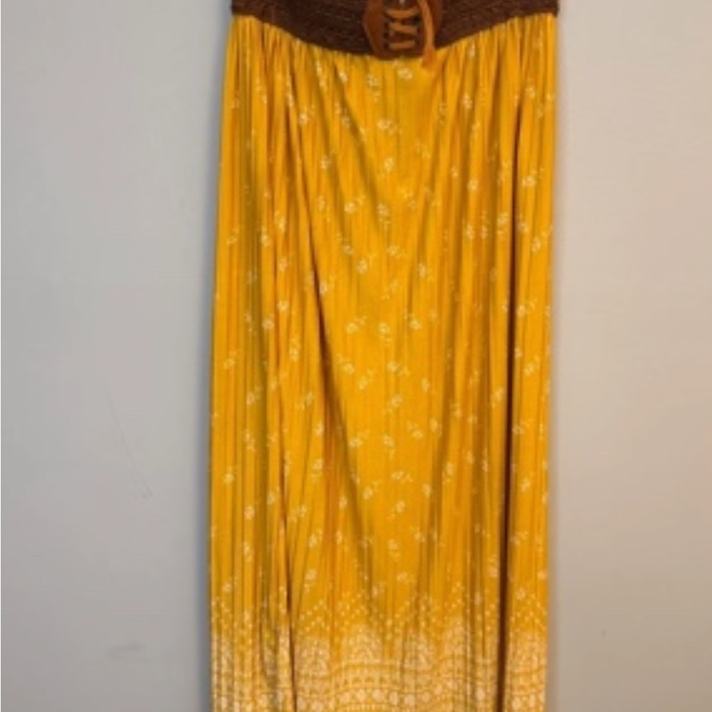 Donna Morgan Mustard Yellow Boho Maxi Skirt with Brown Waistband